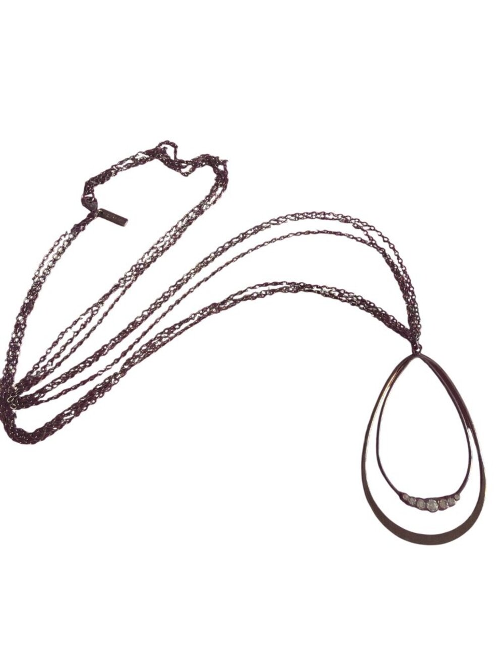 Daisy Fuentes Double Teardrop Pendant Necklace Gunmetal Chains Rhinestones 31"